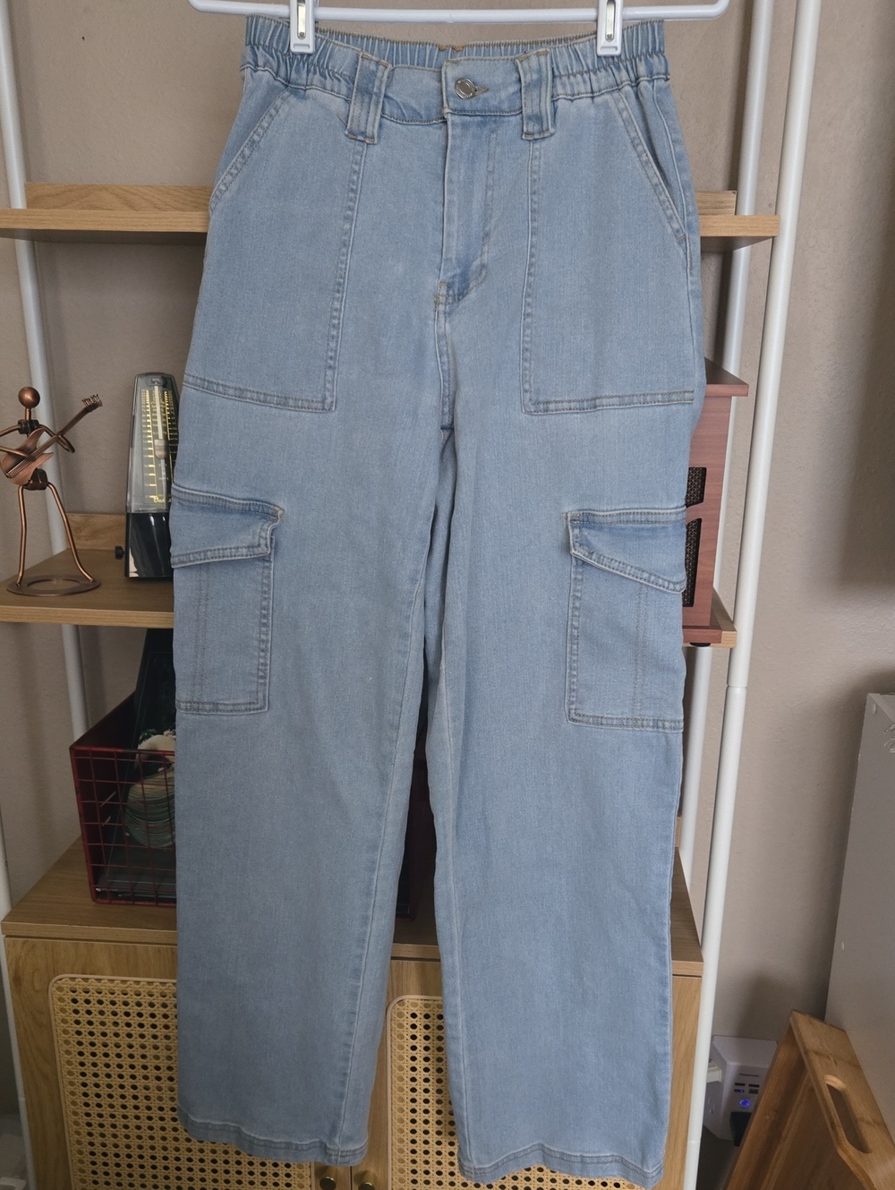 Womens Light Wash High Waisted Cargo Jeans Wide Leg Denim Pants Size XS (0-2)